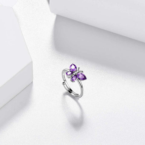 Butterfly Ring Band Birthstone February Amethyst Adjustable - Rings - Aurora Tears