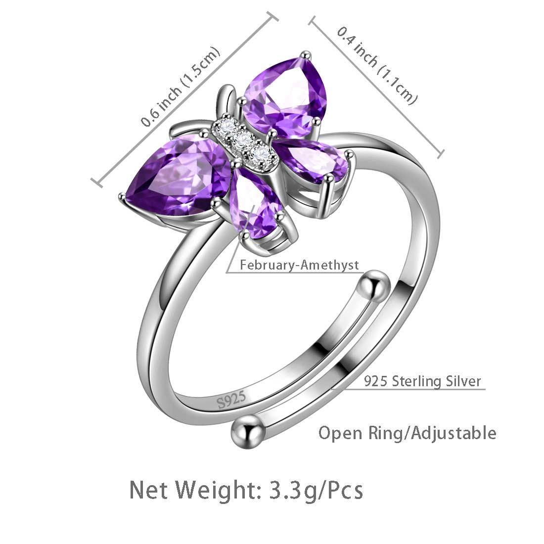 Butterfly Ring Band Birthstone February Amethyst Adjustable - Rings - Aurora Tears