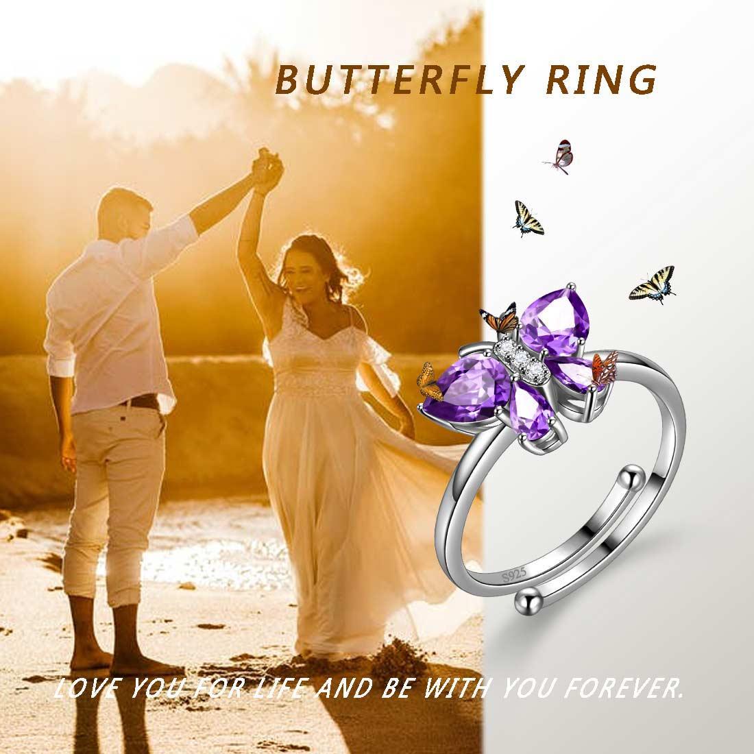 Butterfly Ring Band Birthstone February Amethyst Adjustable - Rings - Aurora Tears