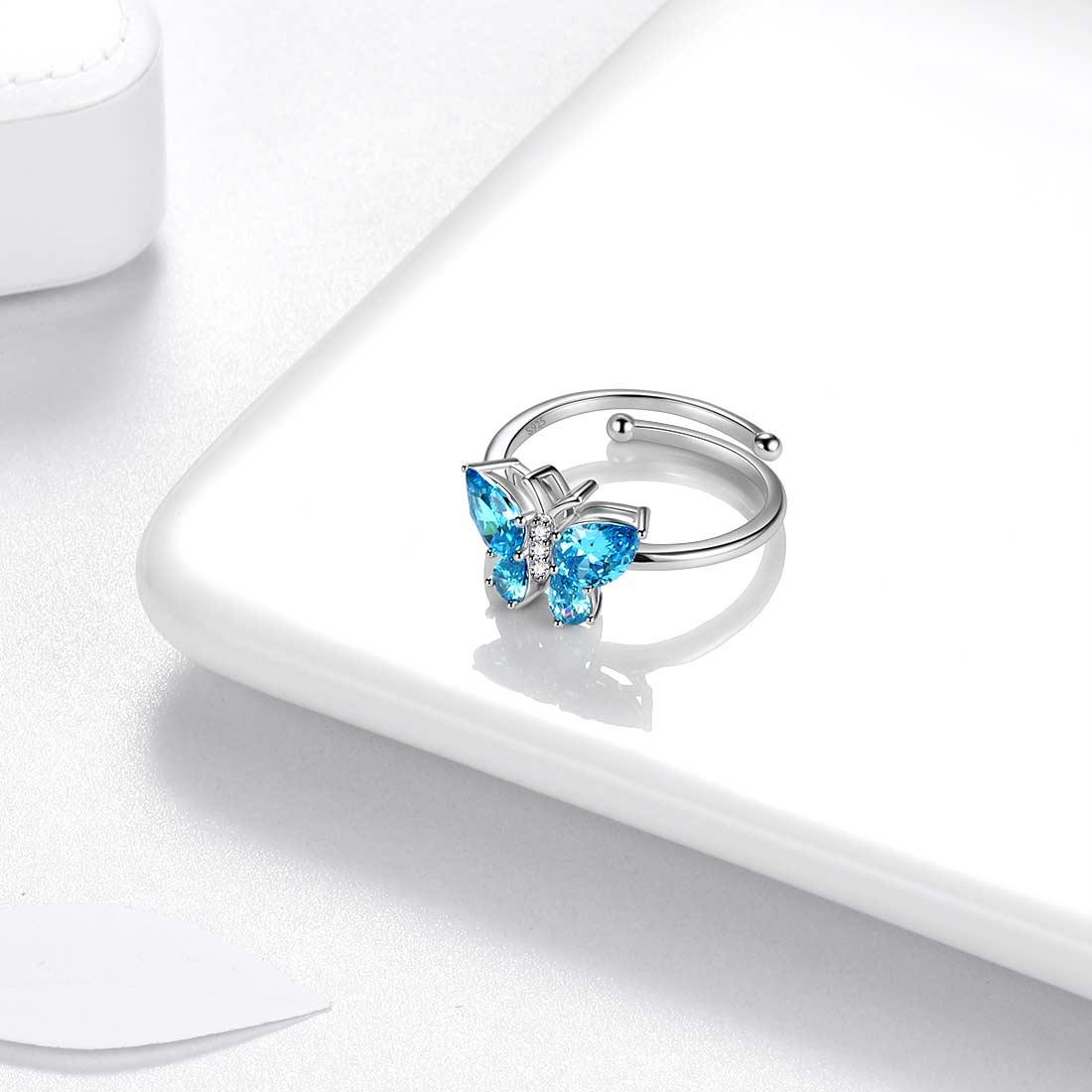 Butterfly Ring Band Birthstone March Aquamarine Adjustable - Rings - Aurora Tears