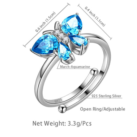 Butterfly Ring Band Birthstone March Aquamarine Adjustable - Rings - Aurora Tears