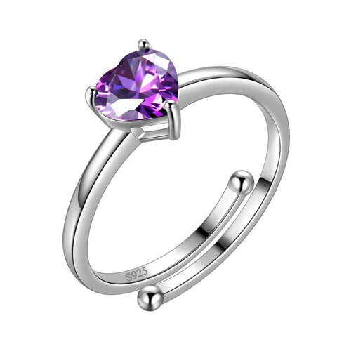 Birthstone Hearts Rings Adjustable Sterling Silver February-Amethyst Aurora Tears Jewelry