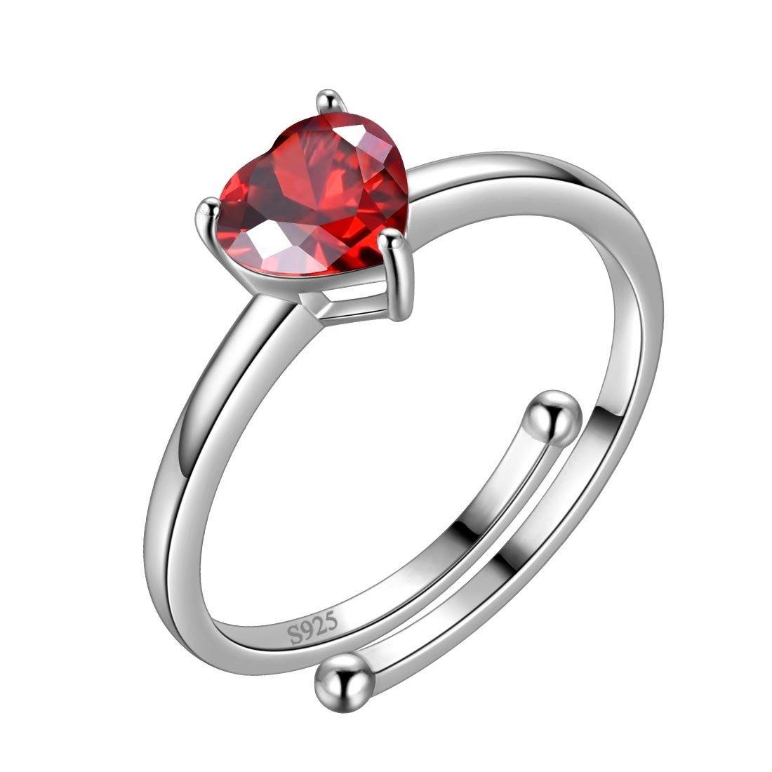 Birthstone Hearts Rings Adjustable Sterling Silver January-Garnet Aurora Tears Jewelry