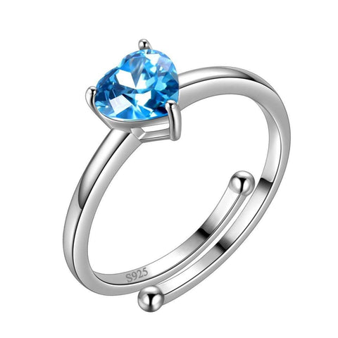 Birthstone Hearts Rings Adjustable Sterling Silver March-Aquamarine Aurora Tears Jewelry