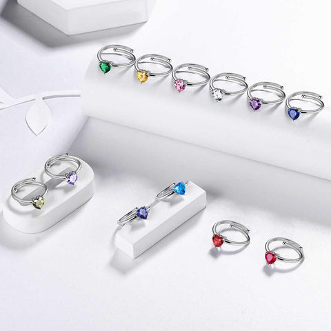 Birthstone Hearts Rings Adjustable Sterling Silver - Rings - Aurora Tears