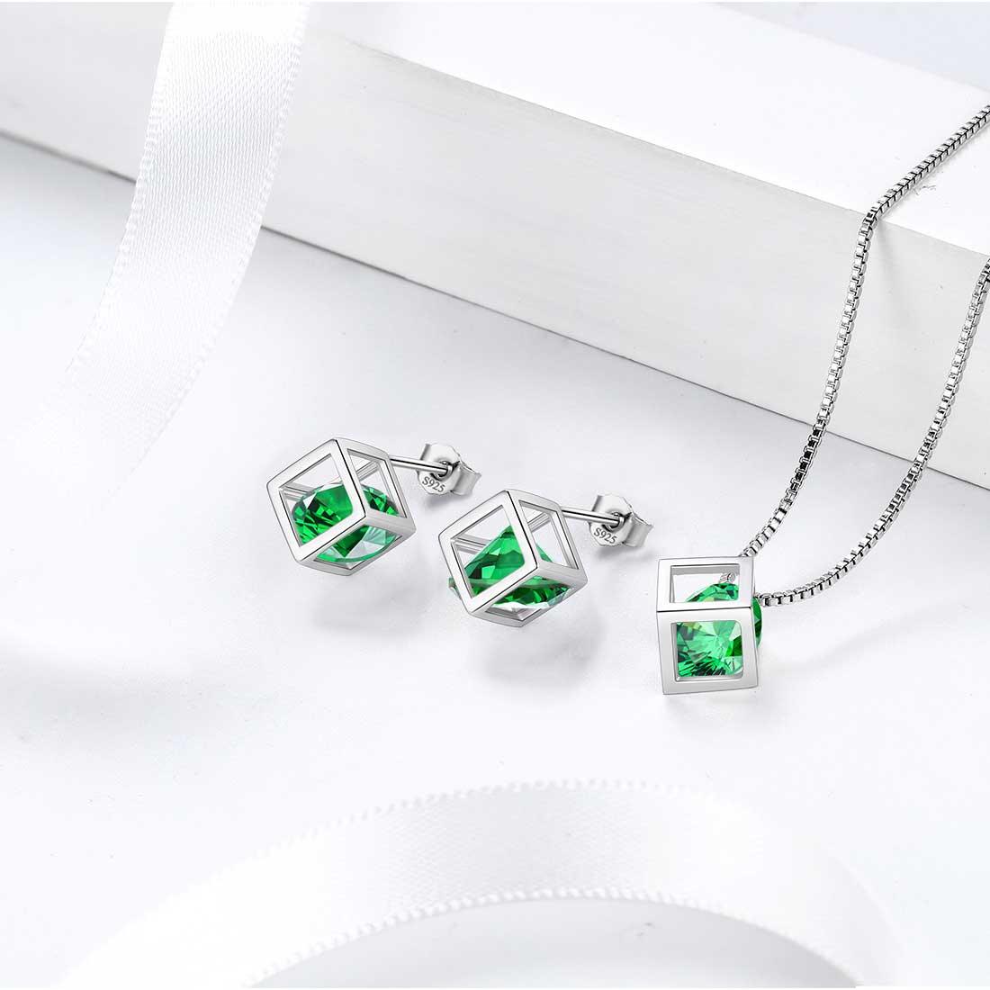 3D Cube Birthstone May Emerald Earrings Sterling Silver - Earrings - Aurora Tears