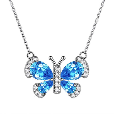 Butterfly Necklace Birthstone March Aquamarine Pendant - Necklaces - Aurora Tears