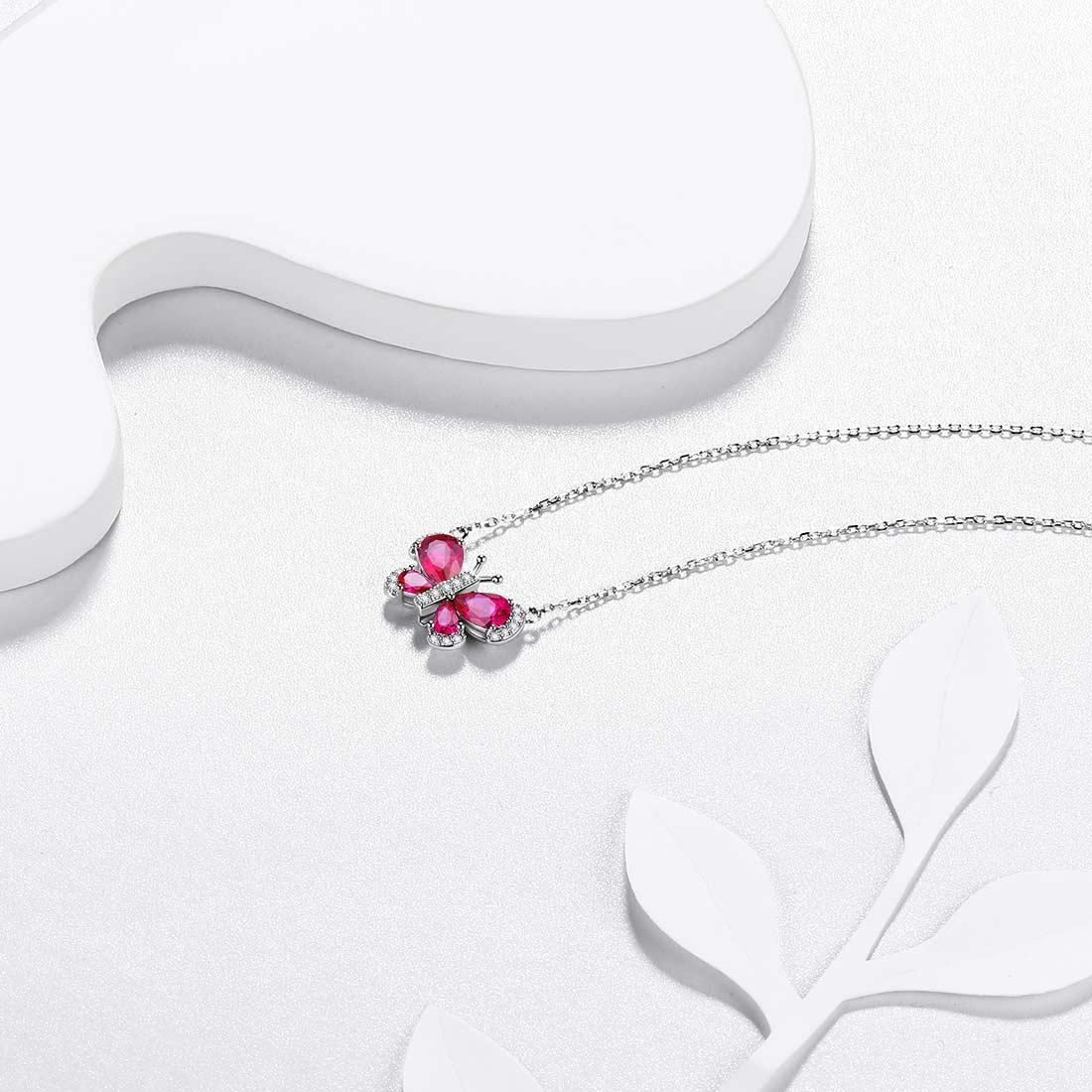 Butterfly Necklace Birthstone July Ruby Pendant - Necklaces - Aurora Tears