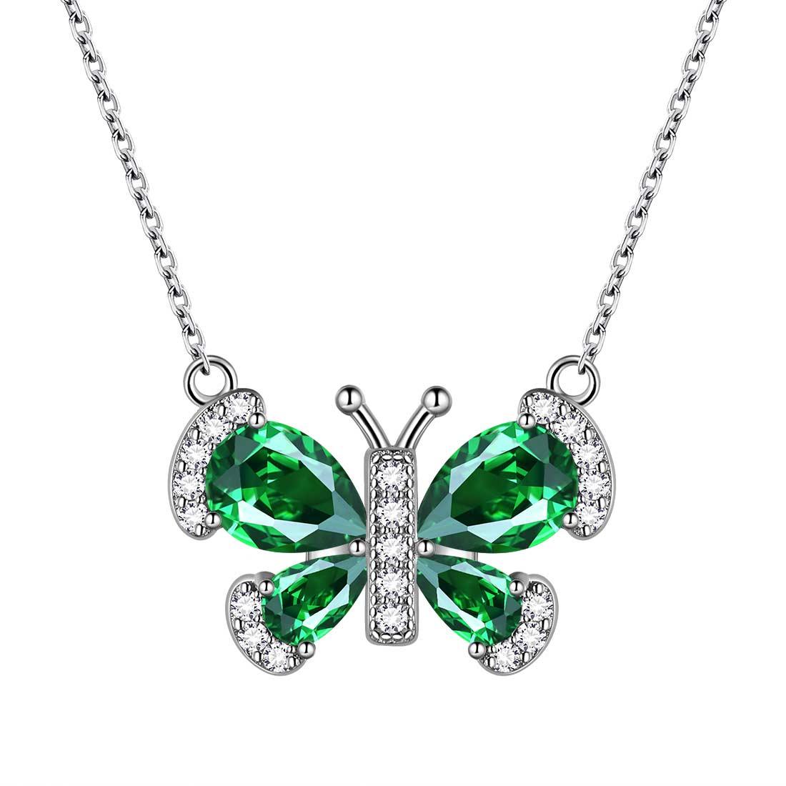 Butterfly Necklace Birthstone May Emerald Pendant - Necklaces - Aurora Tears