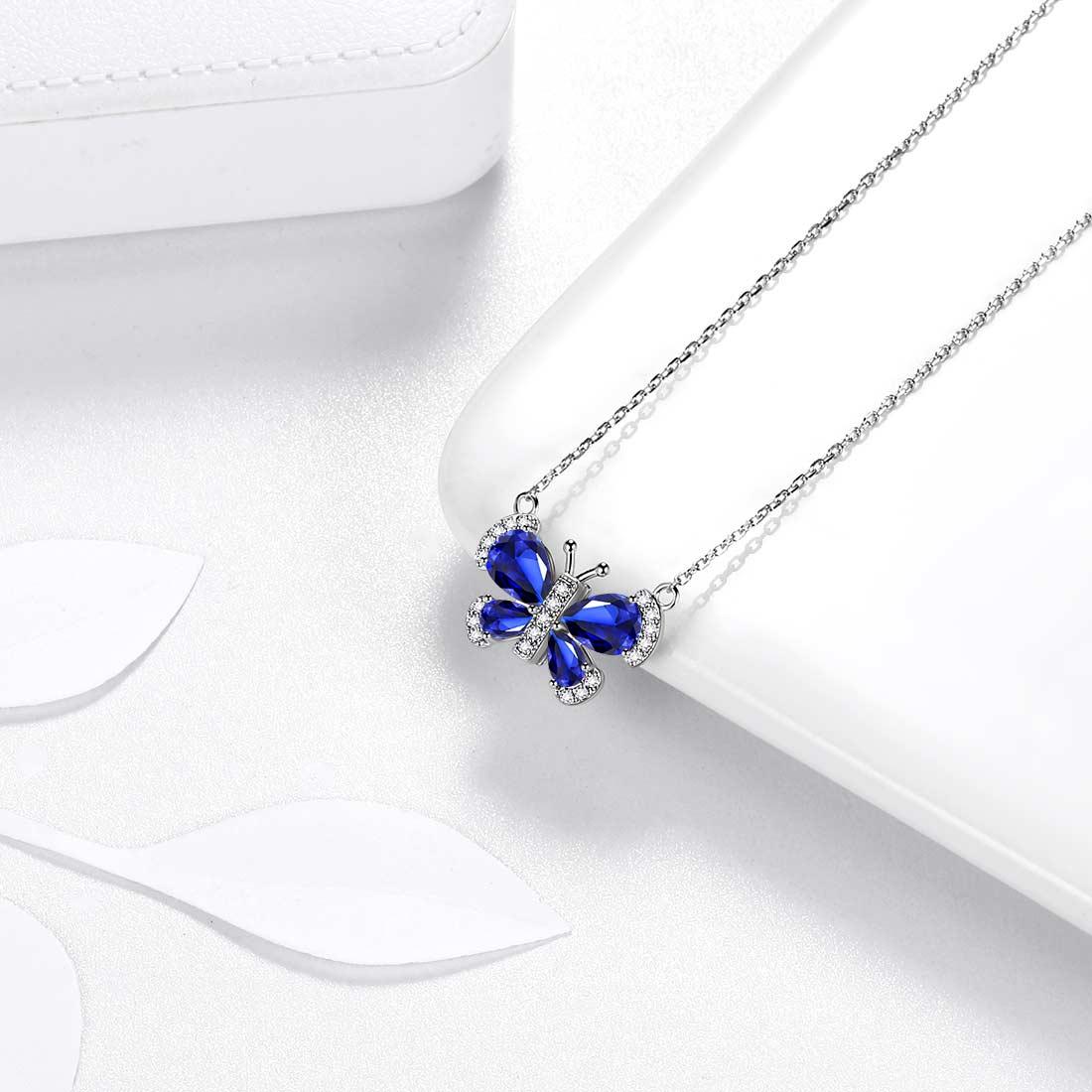 Butterfly Necklace Birthstone September Sapphire Pendant - Necklaces - Aurora Tears