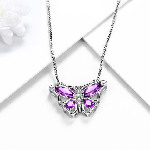 Butterfly Pendant Necklace Birthstone February Amethyst - Necklaces - Aurora Tears