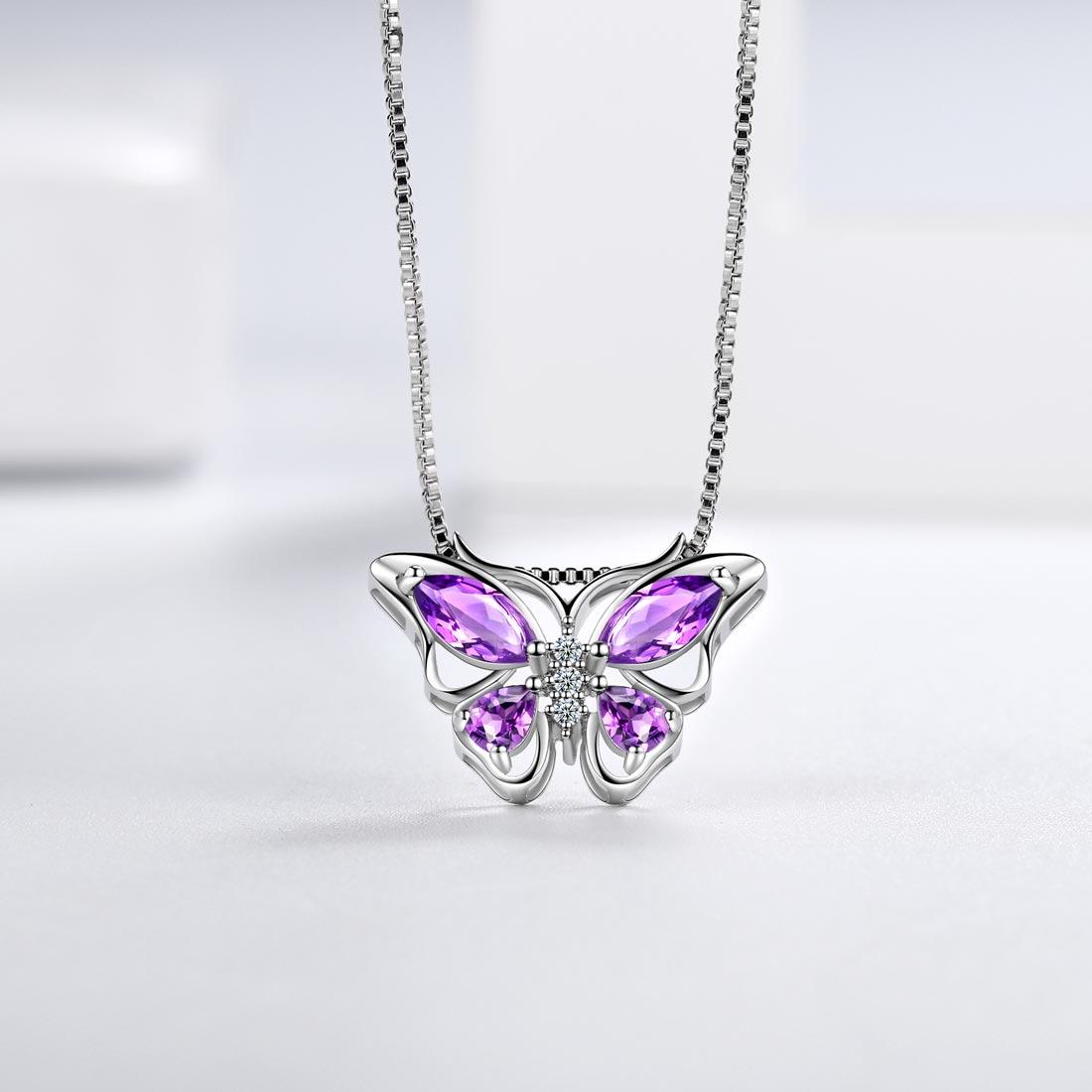 Butterfly Pendant Necklace Birthstone February Amethyst - Necklaces - Aurora Tears