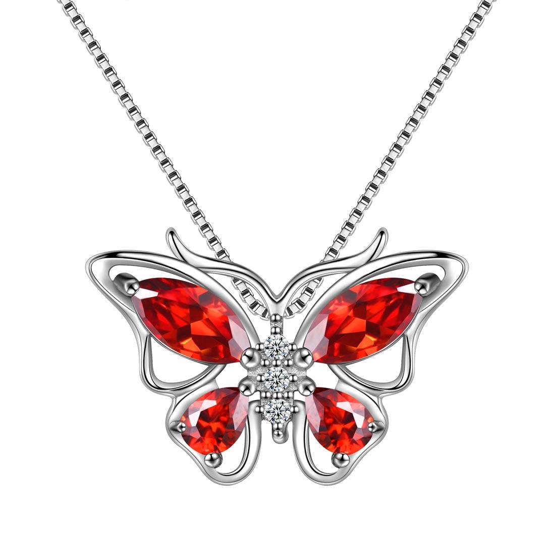 Butterfly Pendant Necklace Birthstone January Garnet - Necklaces - Aurora Tears