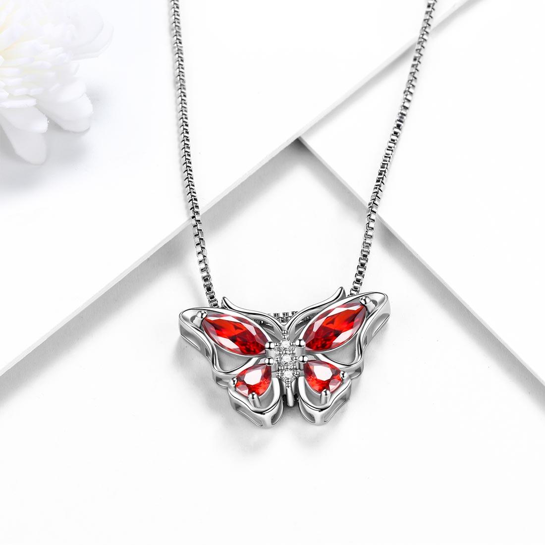 Butterfly Pendant Necklace Birthstone January Garnet - Necklaces - Aurora Tears