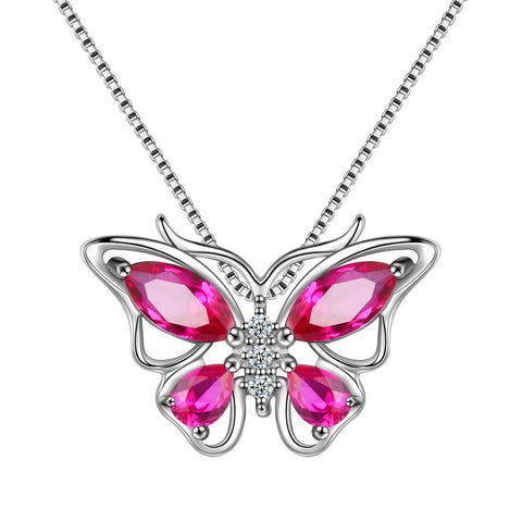 Butterfly Pendant Necklace Birthstone July Ruby - Necklaces - Aurora Tears