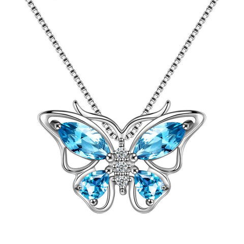 Butterfly Pendant Necklace Birthstone March Aquamarine - Necklaces - Aurora Tears