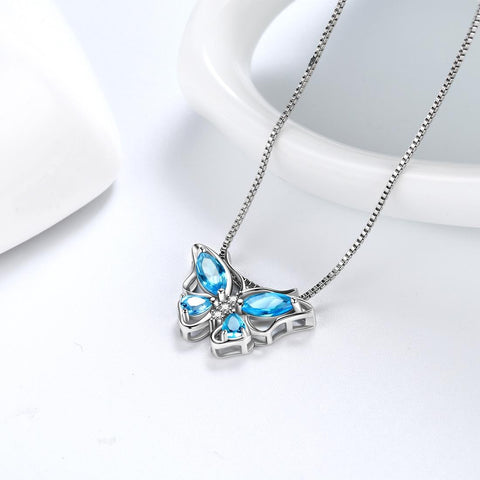 Butterfly Pendant Necklace Birthstone March Aquamarine - Necklaces - Aurora Tears