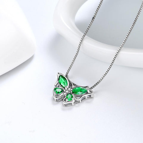 Butterfly Pendant Necklace Birthstone May Emerald - Necklaces - Aurora Tears