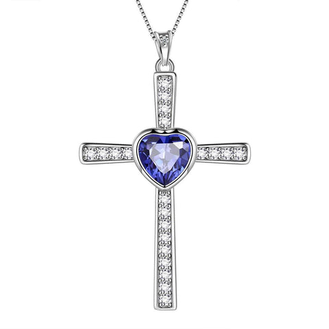 Heart Birthstone December Tanzanite Cross Necklace - Necklaces - Aurora Tears