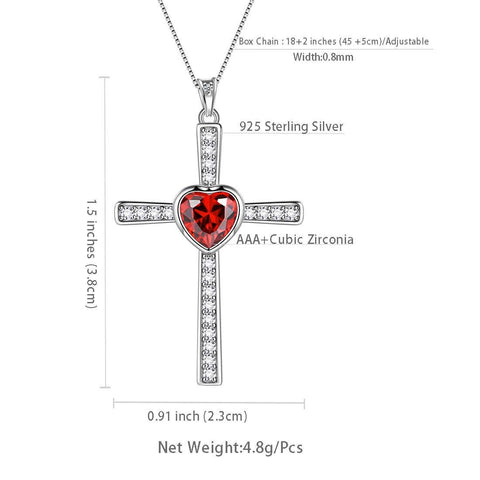 Heart Birthstone January Garnet Cross Necklace - Necklaces - Aurora Tears