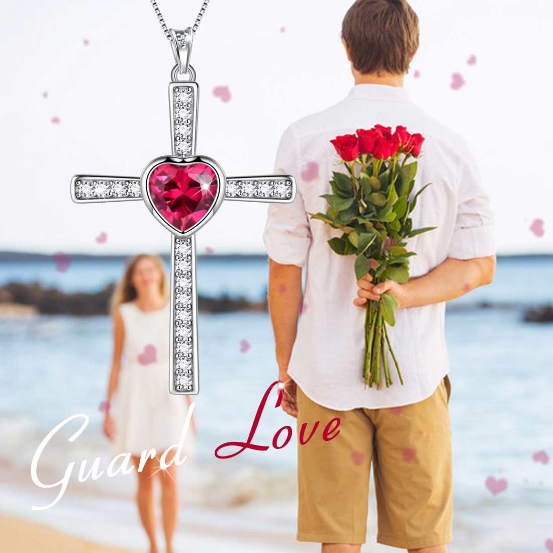 Heart Birthstone July Ruby Cross Necklace - Necklaces - Aurora Tears
