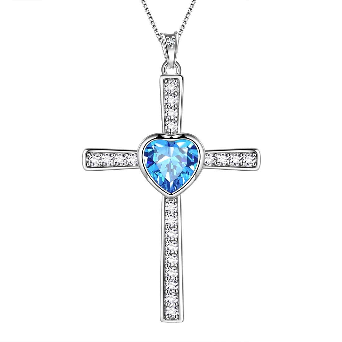 Heart Birthstone March Aquamarine Cross Necklace - Necklaces - Aurora Tears