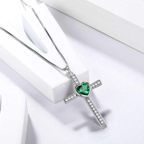 Cross Necklaces Heart Pendant Chain Birthstone 925 Sterling Silver - Necklaces - Aurora Tears Jewelry