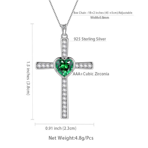 Heart Birthstone May Emerald Cross Necklace - Necklaces - Aurora Tears