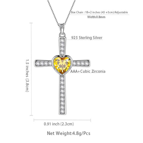 Heart Birthstone November Citrine Cross Necklace - Necklaces - Aurora Tears