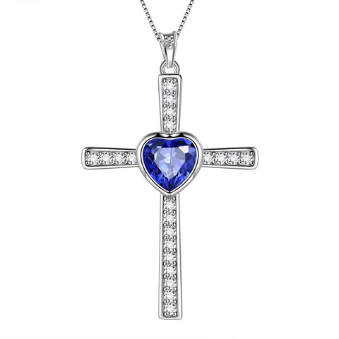 Heart Birthstone September Sapphire Cross Necklace - Necklaces - Aurora Tears