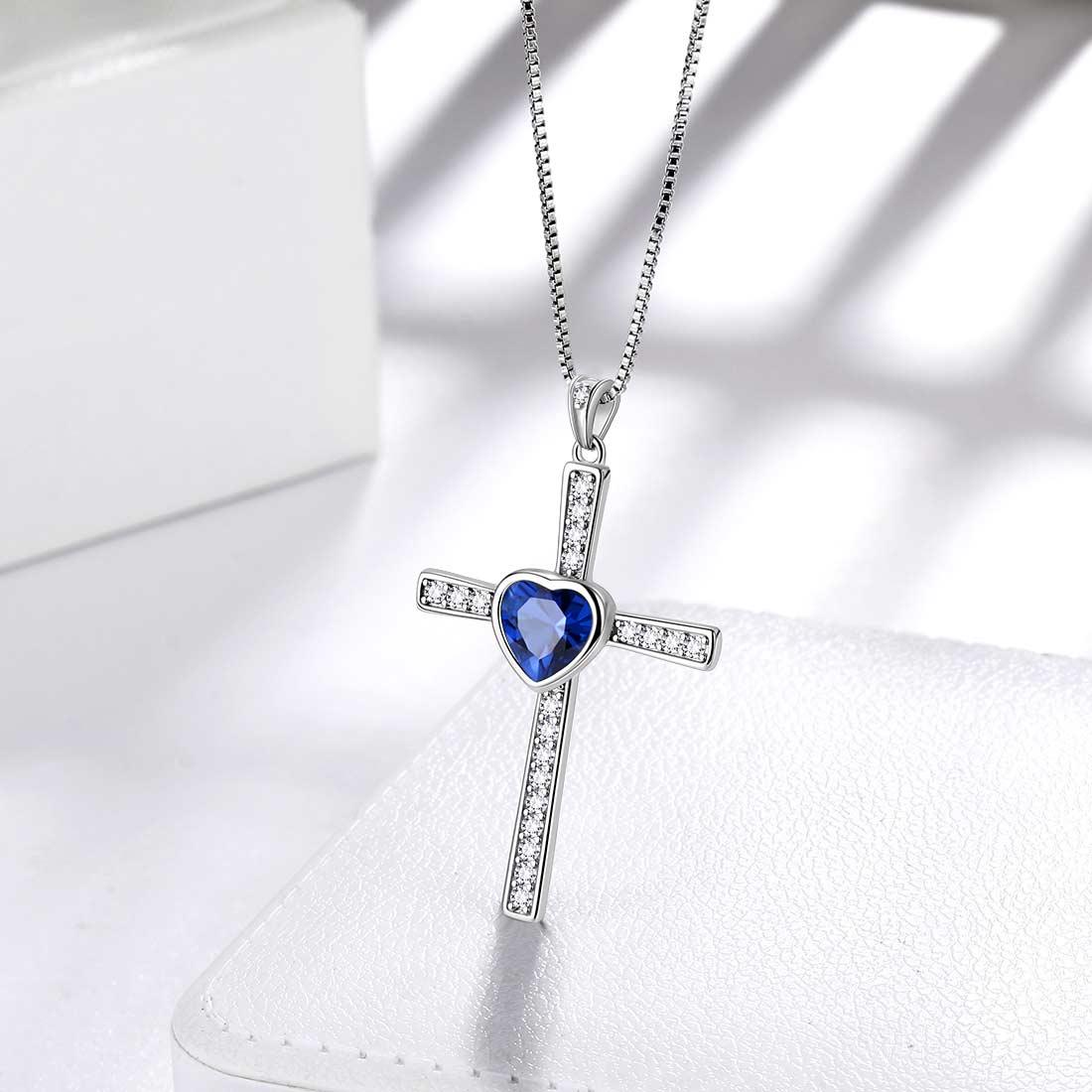 Heart Birthstone September Sapphire Cross Necklace - Necklaces - Aurora Tears