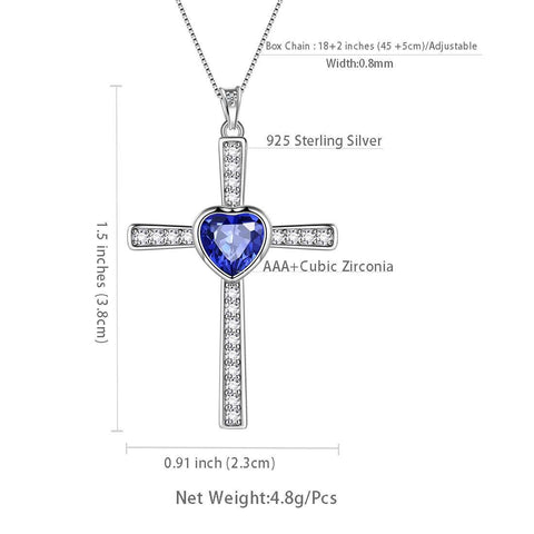 Heart Birthstone September Sapphire Cross Necklace - Necklaces - Aurora Tears