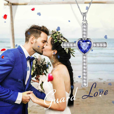 Heart Birthstone September Sapphire Cross Necklace - Necklaces - Aurora Tears