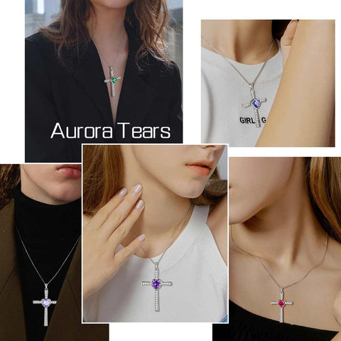 Heart Birthstone July Ruby Cross Necklace - Necklaces - Aurora Tears