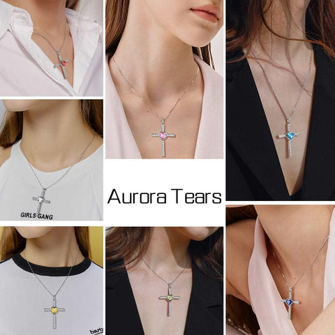 Heart Birthstone April Diamond Cross Necklace - Necklaces - Aurora Tears