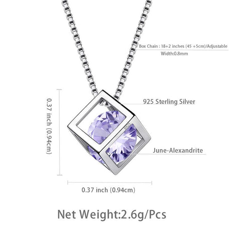 3D Cube Birthstone June Alexandrite Necklace Sterling Silver - Necklaces - Aurora Tears