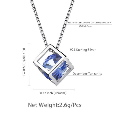 3D Cube Birthstone December Tanzanite Necklace Sterling Silver - Necklaces - Aurora Tears