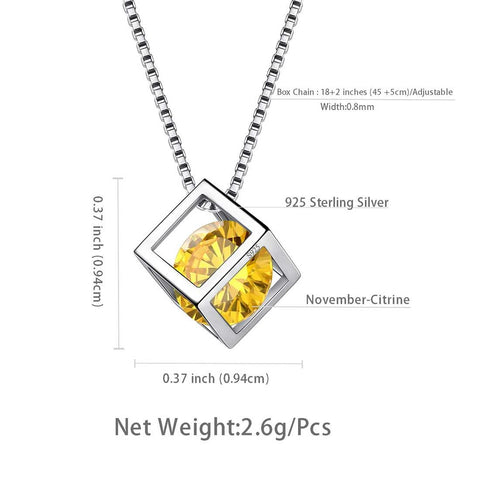 3D Cube Birthstone November Citrine Necklace Sterling Silver - Necklaces - Aurora Tears