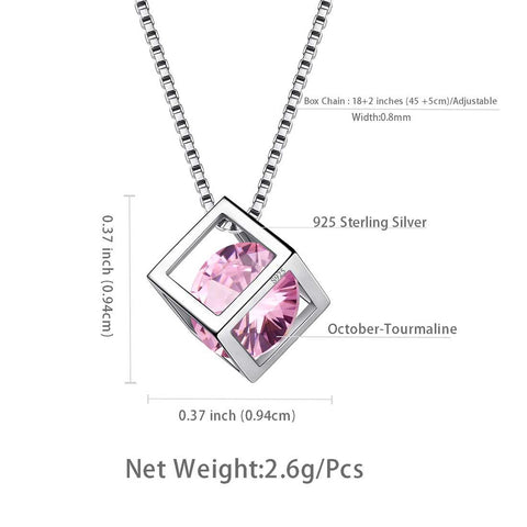 3D Cube Birthstone October Tourmaline Necklace Sterling Silver - Necklaces - Aurora Tears