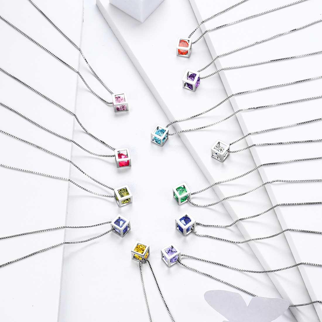 3D Cube Birthstone March Aquamarine Necklace Sterling Silver - Necklaces - Aurora Tears