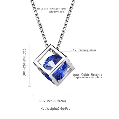 3D Cube Birthstone September Sapphire Necklace Sterling Silver - Necklaces - Aurora Tears