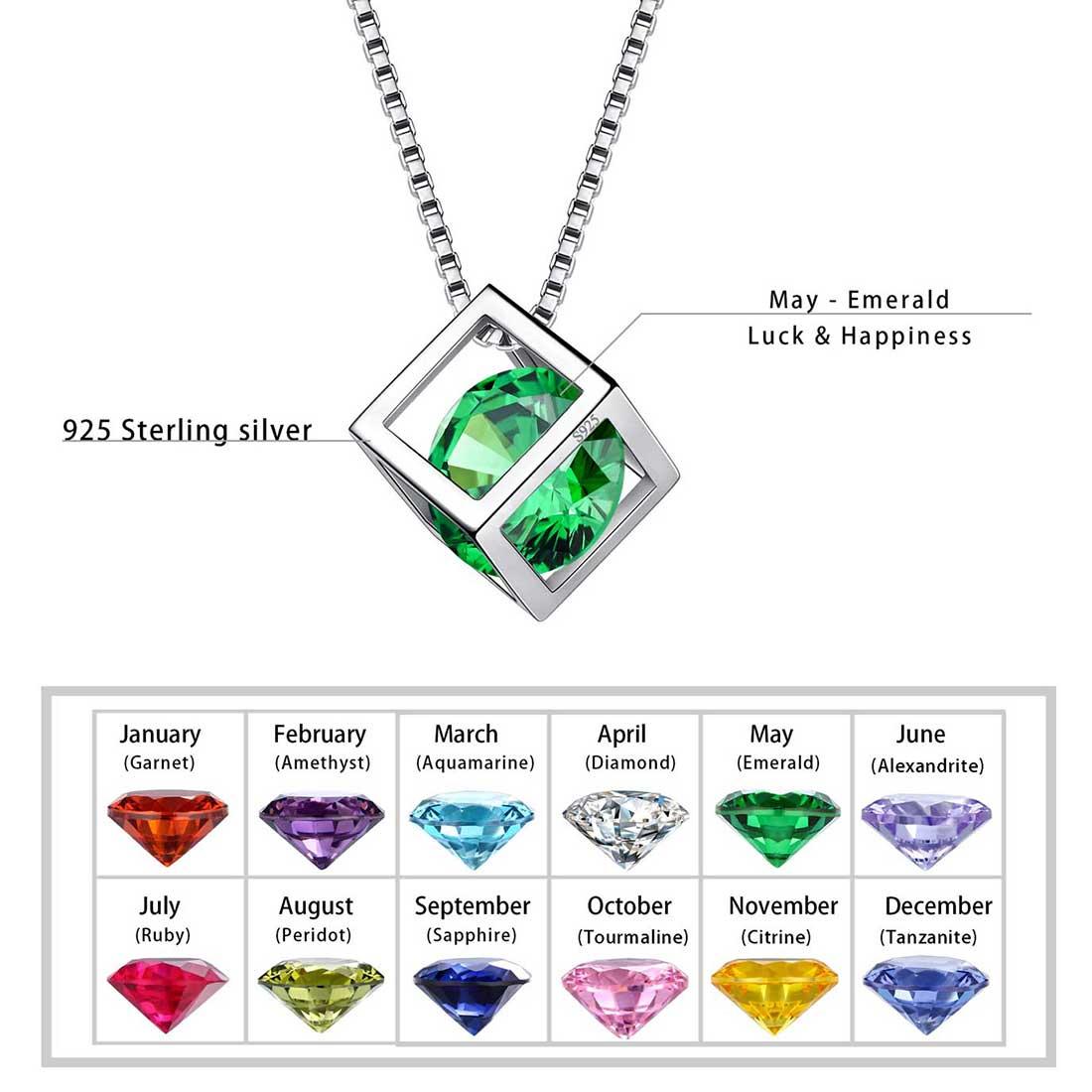 3D Cube Birthstone May Emerald Necklace Sterling Silver - Necklaces - Aurora Tears