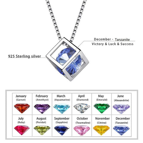 3D Cube Birthstone December Tanzanite Necklace Sterling Silver - Necklaces - Aurora Tears