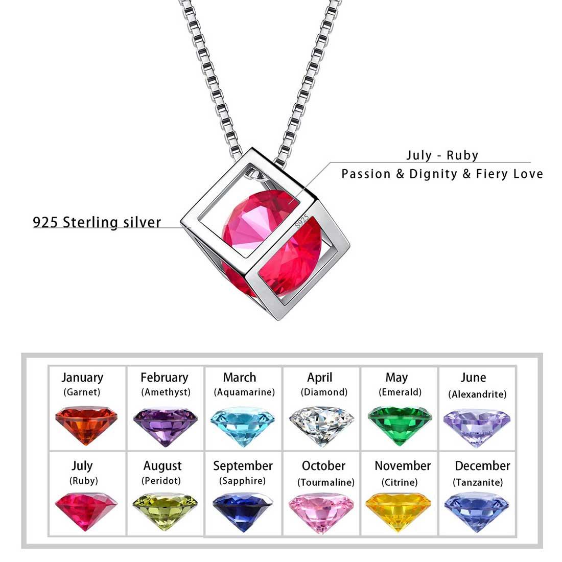 3D Cube Birthstone July Ruby Necklace Sterling Silver - Necklaces - Aurora Tears