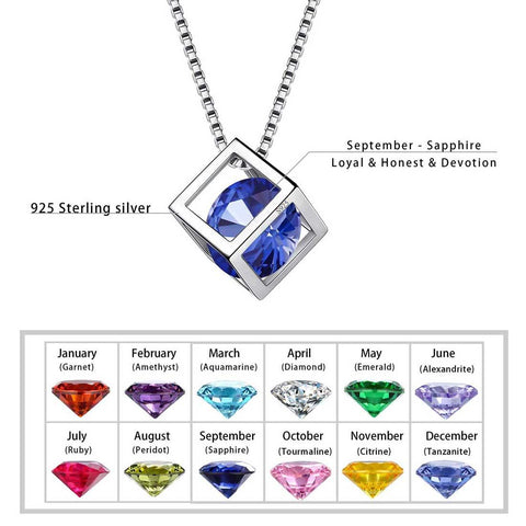 3D Cube Birthstone September Sapphire Necklace Sterling Silver - Necklaces - Aurora Tears