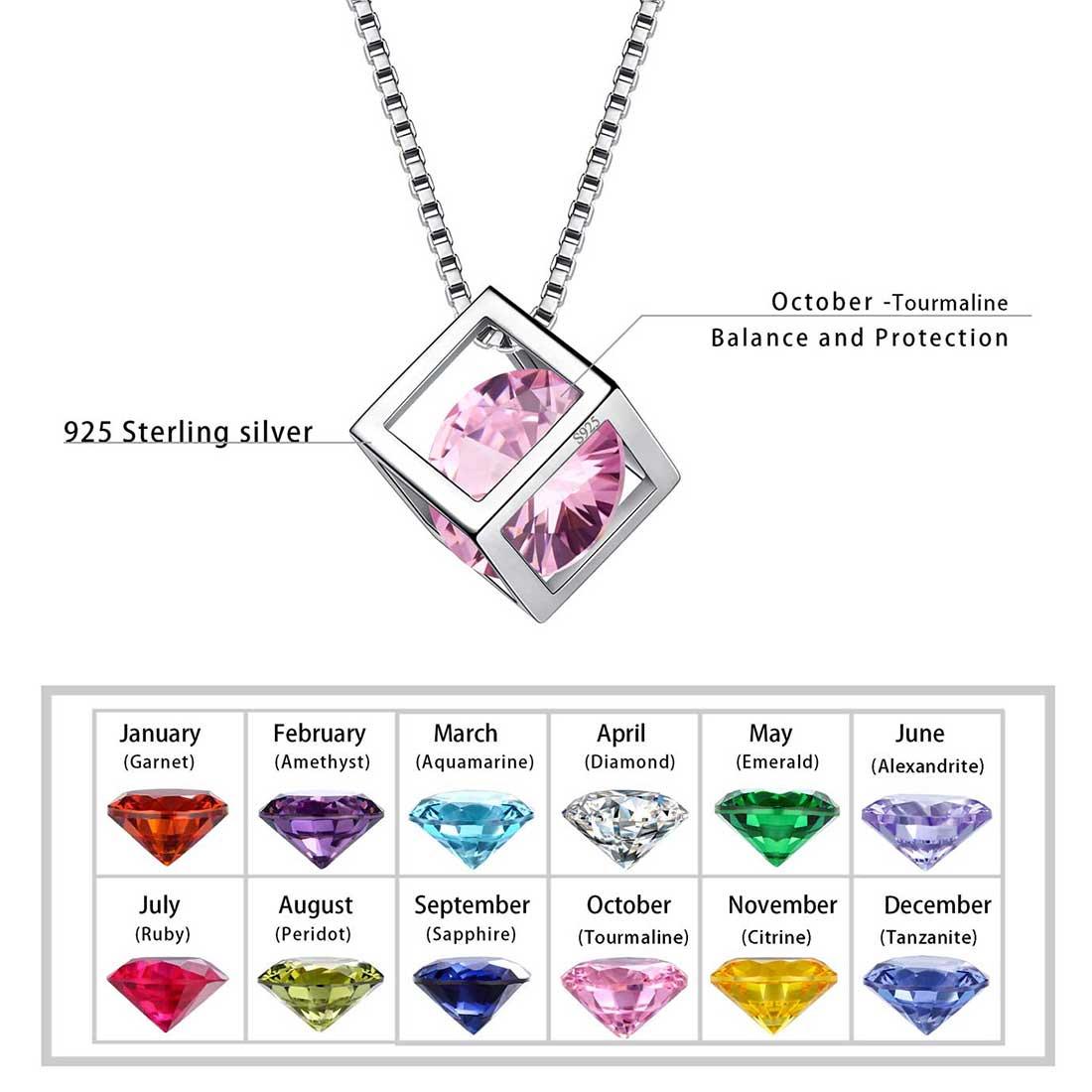 3D Cube Birthstone October Tourmaline Necklace Sterling Silver - Necklaces - Aurora Tears