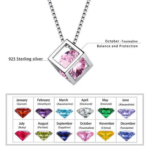 3D Cube Birthstone October Tourmaline Necklace Sterling Silver - Necklaces - Aurora Tears