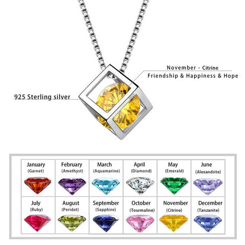 3D Cube Birthstone November Citrine Necklace Sterling Silver - Necklaces - Aurora Tears