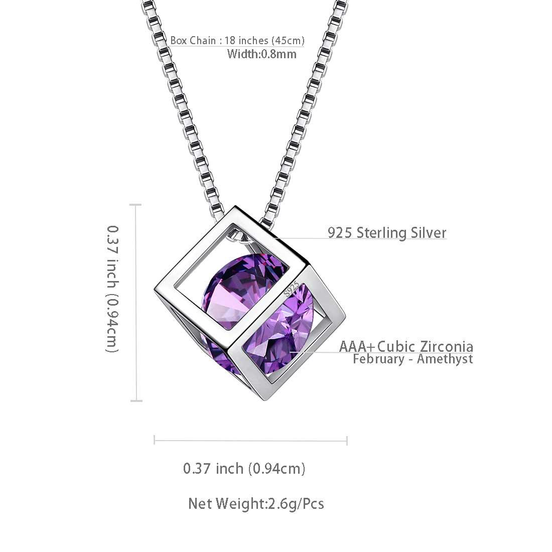 3D Cube Birthstone February Amethyst Necklace Sterling Silver - Necklaces - Aurora Tears