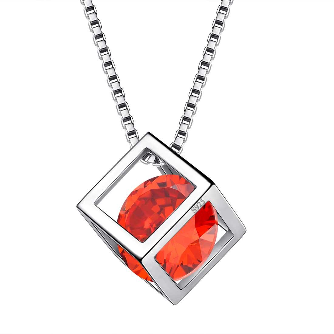 3D Cube Birthstone January Garnet Necklace Sterling Silver - Necklaces - Aurora Tears